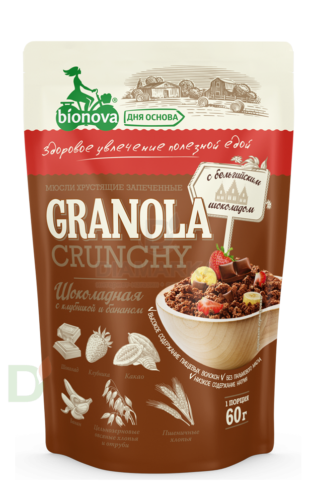 Мюсли Bionova Шоколад-Клубника запеченные хрустящие, 60г